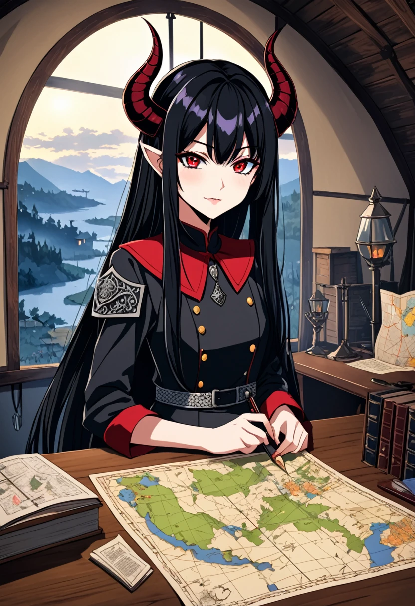  2D anime picture, (anime style 1), single girl, , sadistic, demoness, small demoness horns, beautiful long black hairstyle, in so expensive and beautiful demon general clothes, stand in officer tent in military camp near desk with map, fantasy, medieval age, night 