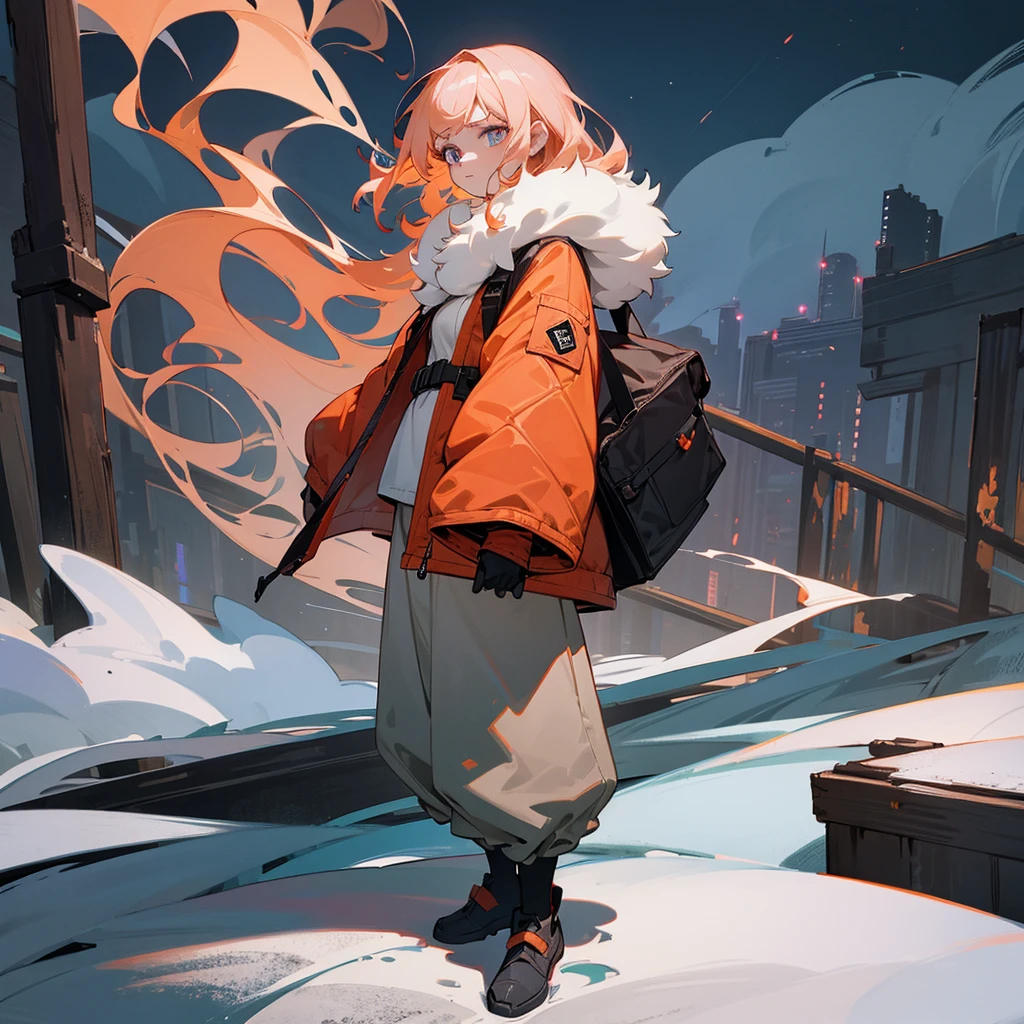 1female, adult, finely detailed ember eyes, wavy medium hair, pale coral hair, fur puffer jacket, baggy pants, standing on ruined building, night time, serious expression