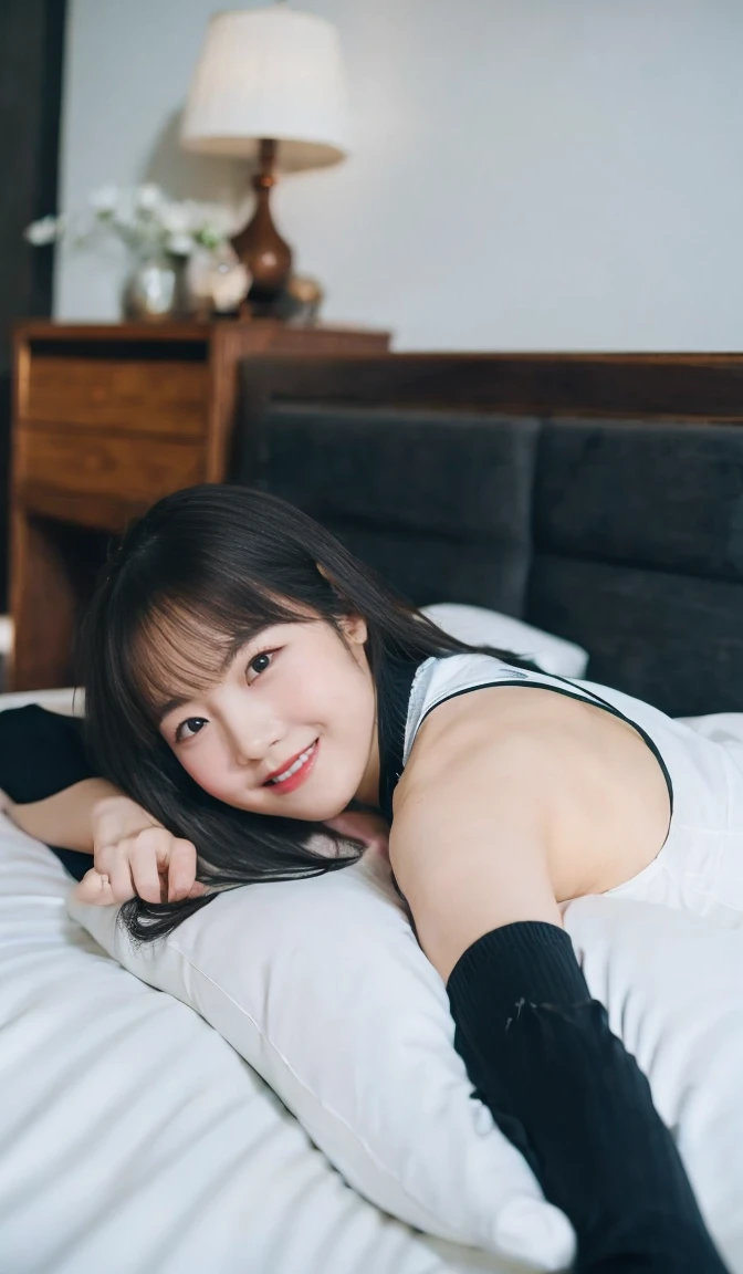 Riu, nsfw, (On the bed), (Lying down), From above, Black see-through dress, Light Smile, chest
