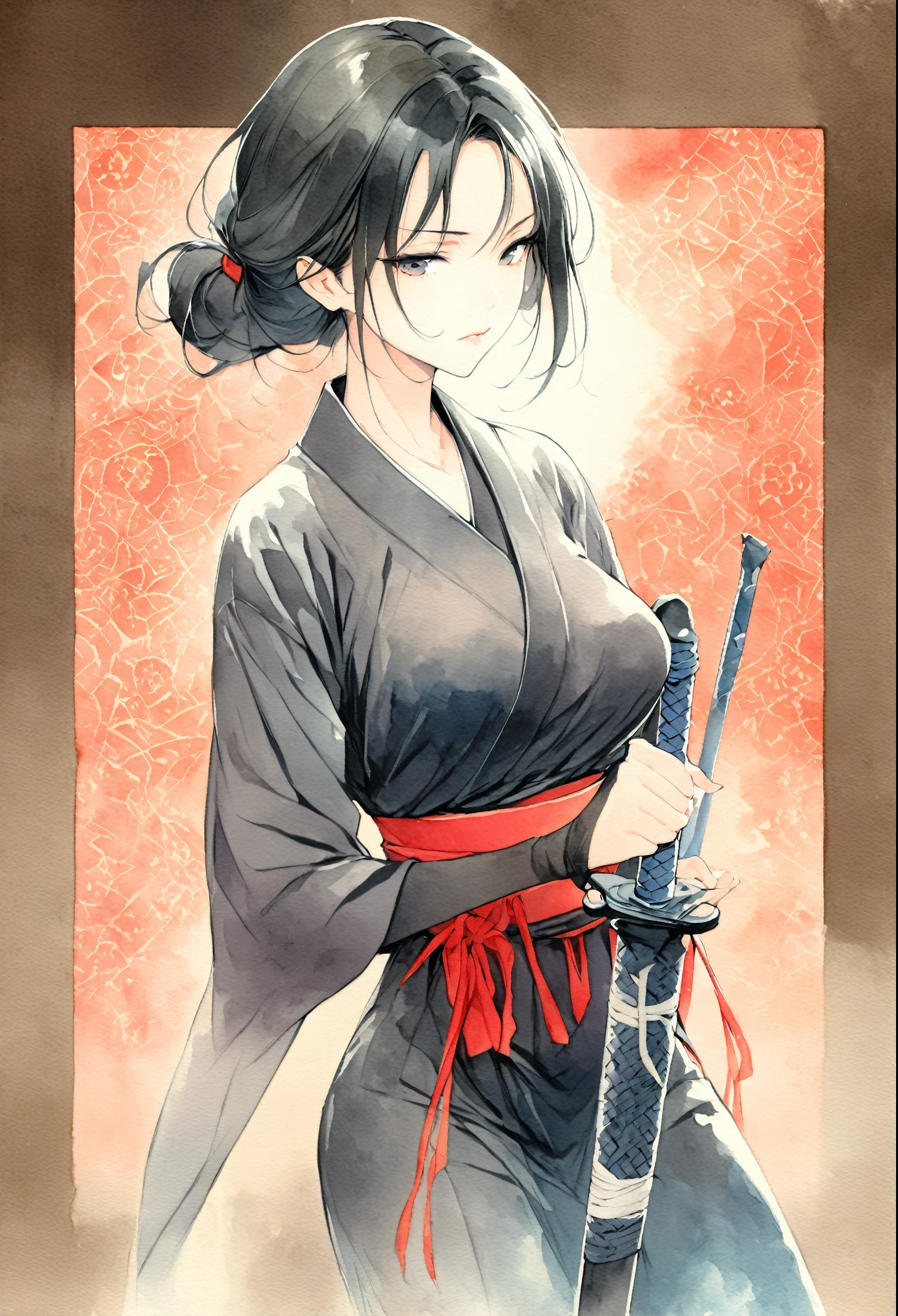 masterpiece, Best quality, Drawing of a black-haired futuristic female ninja illustration, watercolor (medium), 1girl, breast, Dressed in sophisticated modern ninja costumes，Equipped with traditional and technological weapons. She has long black hair，Tied with a red ribbon and a symbol。She must be wearing a high-end black outfit with red accents，These include letters. She holds a dagger，The hilt and scabbard have intricate patterns. The background is the Edo period, Five fingers, Right fist.