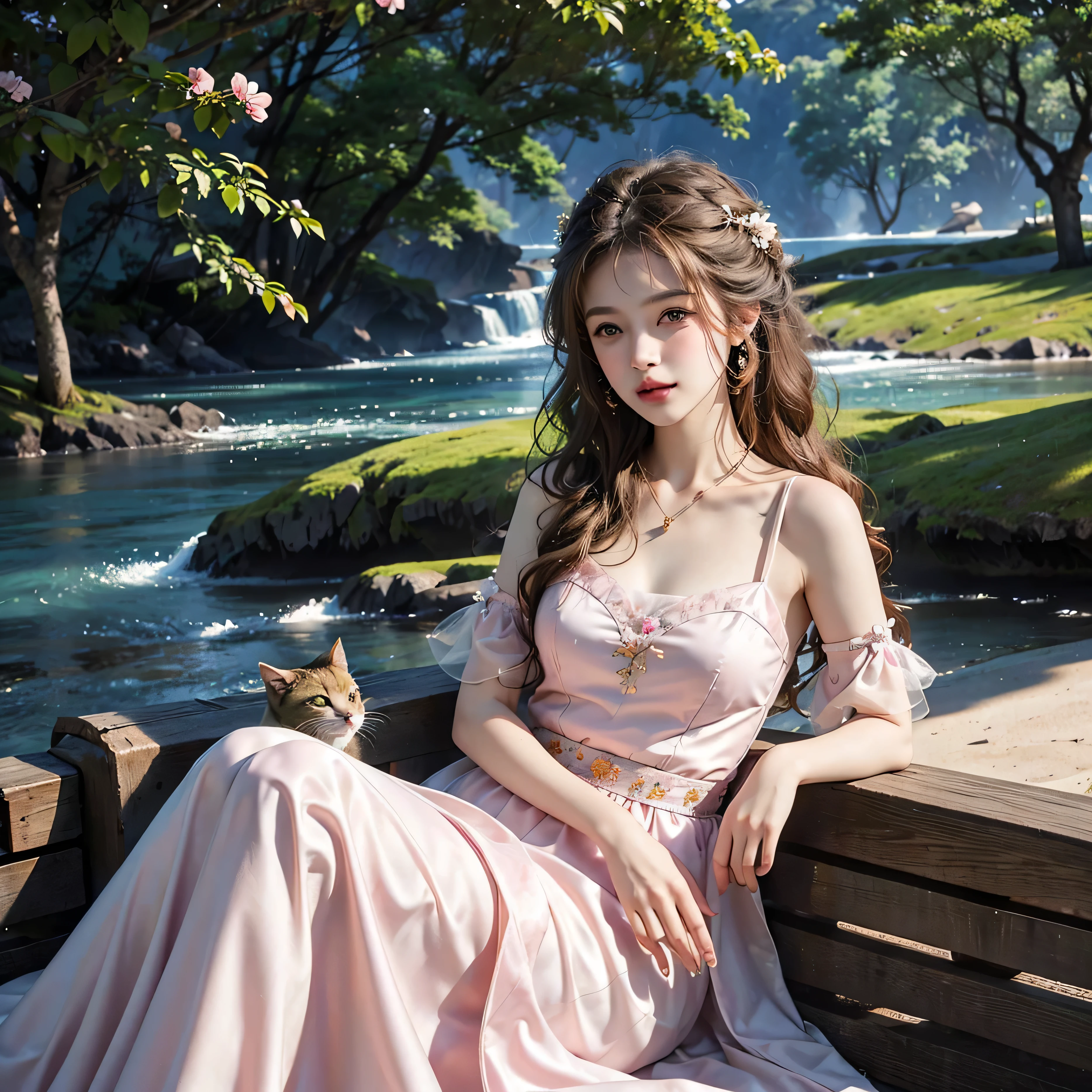 Masterpiece, Best quality, high resolution, realistic , hyperrealism , lifelike photography ,2024s, , alluring beautiful full body shot, (curly blondish brunette long hair, blue cat-shaped eyes), white skin with freckles, beautiful period dress with flower embroidery and details , beautiful golden necklaces & bracelets, elegant bearing, beautiful landscape background of a rose & lilac & orchid garden, high budget , beautiful mesmerizing face and small nose, long and curly sparkling hair , holding a beautiful orange stray cat , clivage , sunset , pink clouds , yellowish red rays at the horizon, elegant posing, beautiful legs, fit body, gorgeous Russian woman standing nearby a park bench, back shot, side shot , front shot, blue lagoon
