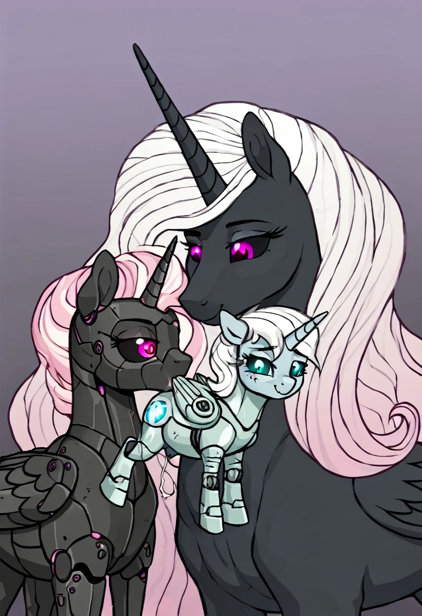 Alicorn princess, white mane,light blue cybernetic eyes, cybernetic body,black sclera ,black body color  long flowing  mane princess pony pink  eyes mother and ,teats ,milking teats breastfeeding  filly 