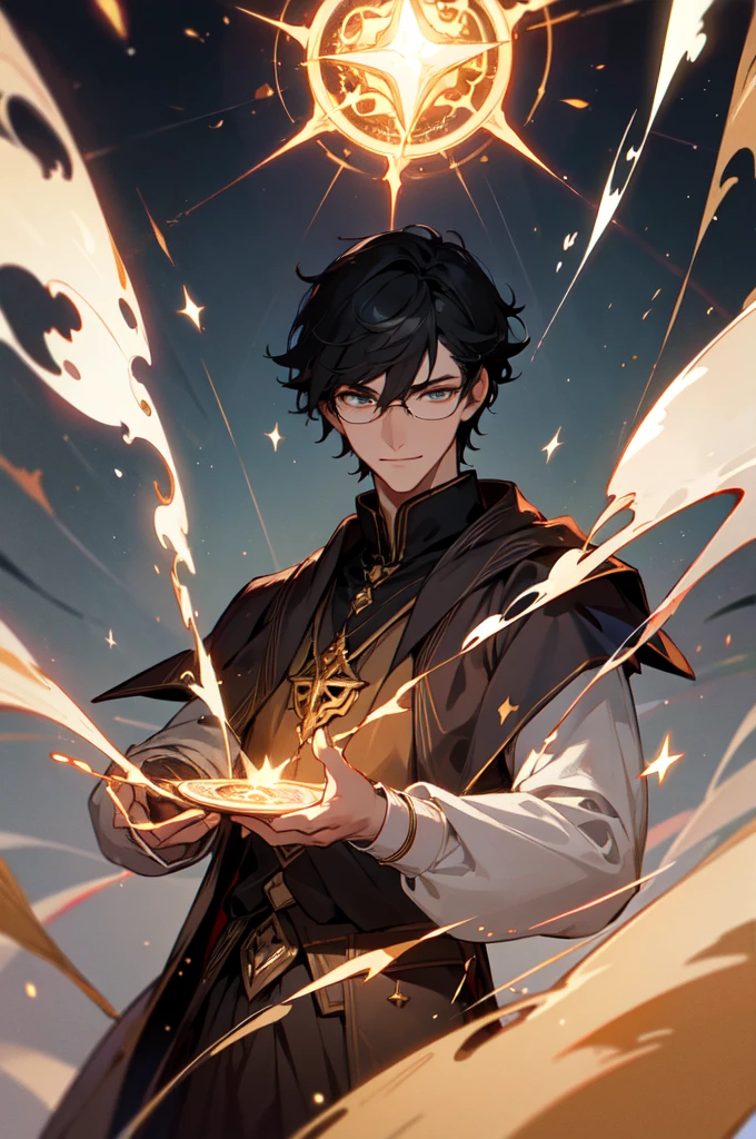 masterpiece, best quality, 1 male, young, tall muscular, handsome, finely detailed eyes, intricate details, black hair, short hair, smile, solo, upper body, detailed background, detailed face, good sorcerer, color magical robes, determined expression, white color scheme, dark crimson light, glowing magical runes, realistic lighting, floating particles, sparks, surrounded by gold lightning red arcane symbols, corrupted by eldritch power, bloom, glasses