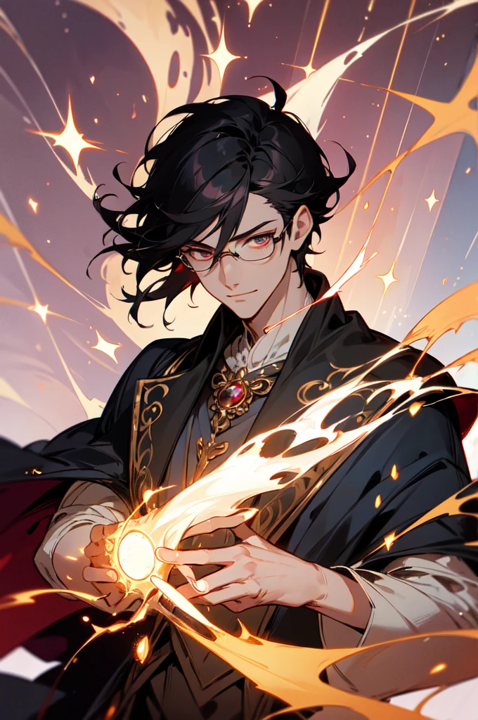 masterpiece, best quality, 1 male, young, tall muscular, handsome, finely detailed eyes, intricate details, black hair, short hair, smile, solo, upper body, detailed background, detailed face, good sorcerer, color magical robes, determined expression, white color scheme, dark crimson light, glowing magical runes, realistic lighting, floating particles, sparks, surrounded by gold lightning red arcane symbols, corrupted by eldritch power, bloom, glasses