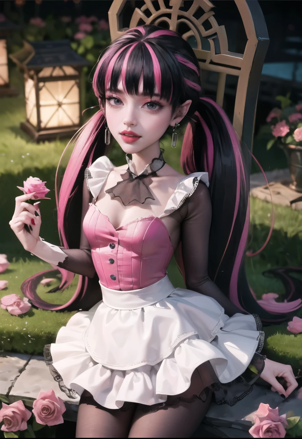 1girl, vampire girl, vampire fangs, succubus, centered, award winning upper body portrait, cowboy shot, (looking at viewer:1.2), Draculaura_MH, solo, black half hair, pink half hair, multicolored hair, long hair, white skirt, pink knee boots, smiling, garden scenery, japanese lanterns, dark red roses, depth of field, cinematic composition, ((high quality)), ((Work of art)), (more detail), half black hair, half soft pink hair, wave hair, pink heart in the eyes, smile, vampire fangs, maid dress, black maid headdress, black maid apron, bat wings, pink skirt, black dress with transparency, pink laces, black gloves, black high socks, high hills boots, bat jewelry, jewelry, seat on the grass, dark red roses on focus, Draculaura_(monster high), Monster High, looking at the viewer, more details on the clothes,