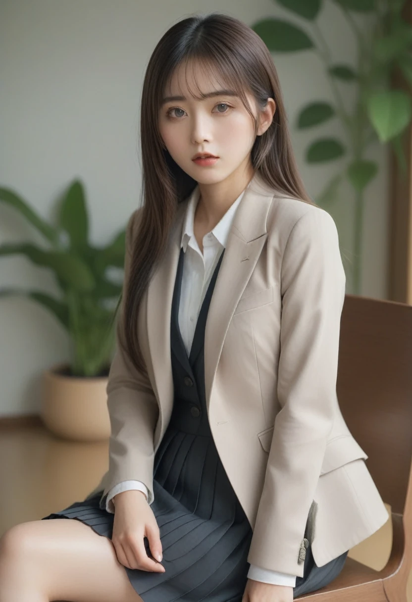 Highly detailed realism, Japanese woman wearing a jacket, (blazer:1.2), pleated skirt, (), very delicate face, moist lips, (very long hair), innocent big eyes, detailed eyes, very detailed expression, siting in a chair