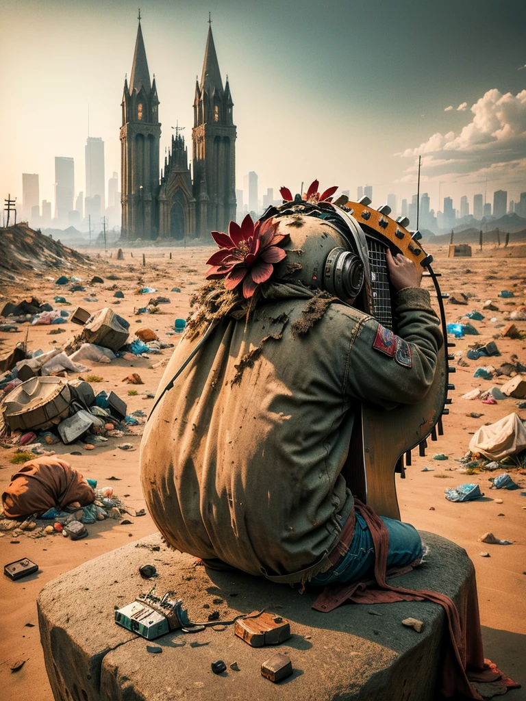 wasteland，(A very poor old mech sitting on a rock playing guitar:1.3)，(the guitar player)，(Sitting:1.2)，rust，Wearing tattered armor，The skyline in the distance，Gothic，moss，（A small white flower），（Cemetery），Gothic Church，（Blood red moon），Gothic Elements，wildfires，cold，gloomy