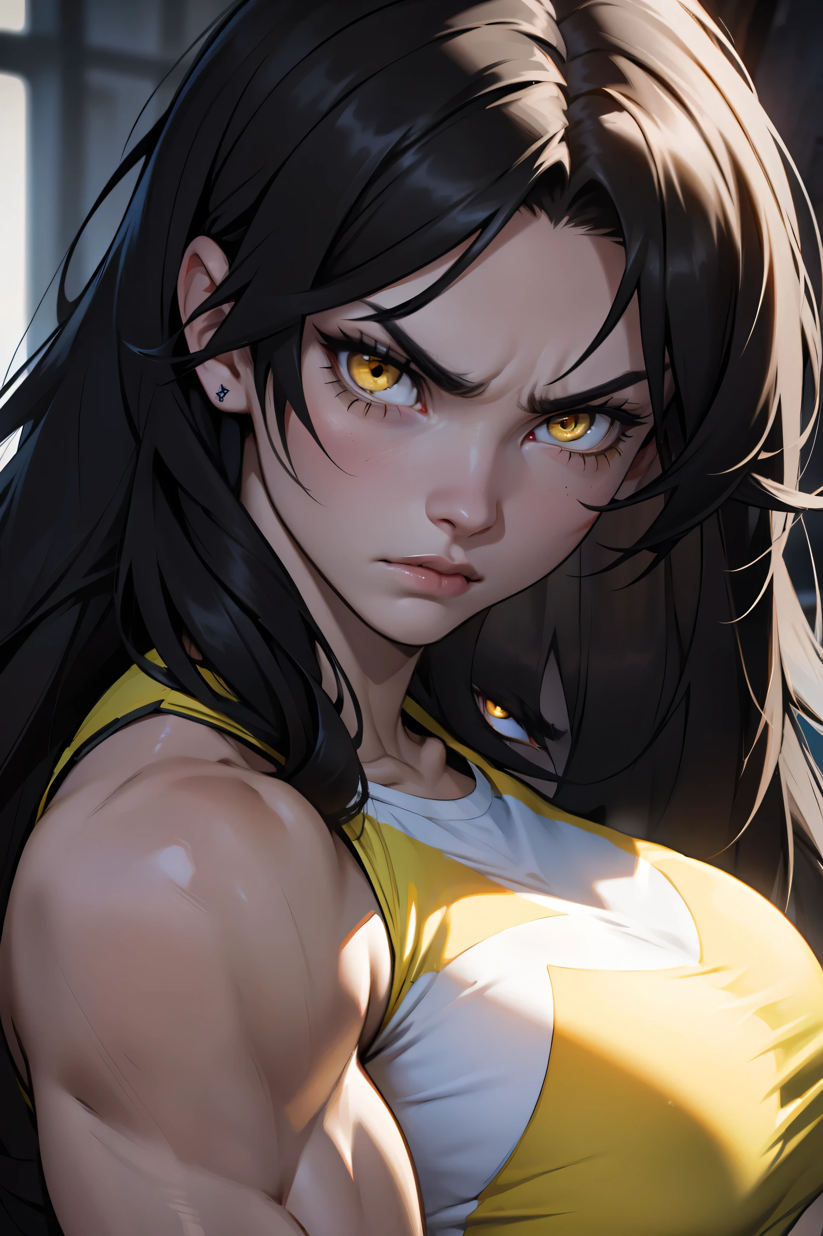 (1  fisiculturista) black hair very long hair yellow eyes pale skin angry close-up