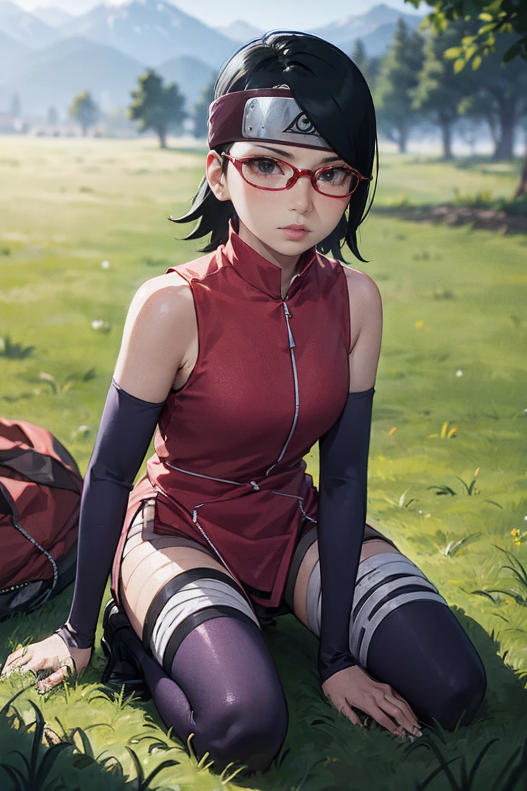 (Sarada Uchiha,short hair,black hair,glasses),full body picture Unreal Engine 5 8K UHD of beautiful girl, green Japanese style long hair, wearing futuristic black tight battle suit, half face mask, futuristic neck collar, grass green light details, best quality, masterpiece