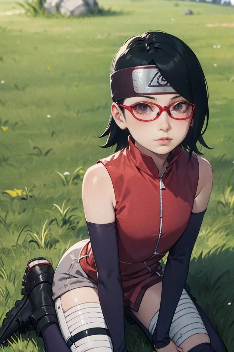 (Sarada Uchiha,short hair,black hair,glasses),full body picture Unreal Engine 5 8K UHD of beautiful girl, green Japanese style long hair, wearing futuristic black tight battle suit, half face mask, futuristic neck collar, grass green light details, best quality, masterpiece