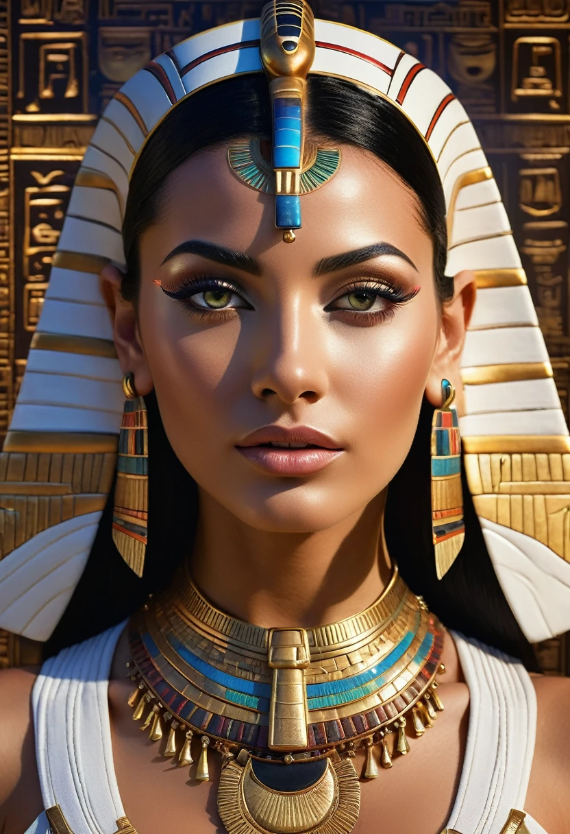 A hyper-realistic shot of a very beautiful white Egyptian pharaonic queen, with glowing colored pharaonic lighting projected onto her face and neck. The pharaonic queen's eyes are expressive and reflective, partially obscured by her long, silky black hair. The glowing or high-tech pharaonic interface with various digital and pharaonic graphics, including pharaonic symbols, hieroglyphs, and digital hieroglyphic data resembling a dashboard, is spread across parts of her face, neck, and upper body, giving the image a somewhat pharaonic and spiritual appearance. The overall color scheme is dominant, with a strong contrast between the illuminated text and the illuminated background. The lighting highlights her facial features, emphasizing her features and the text, creating a cinematic and high-tech atmosphere.