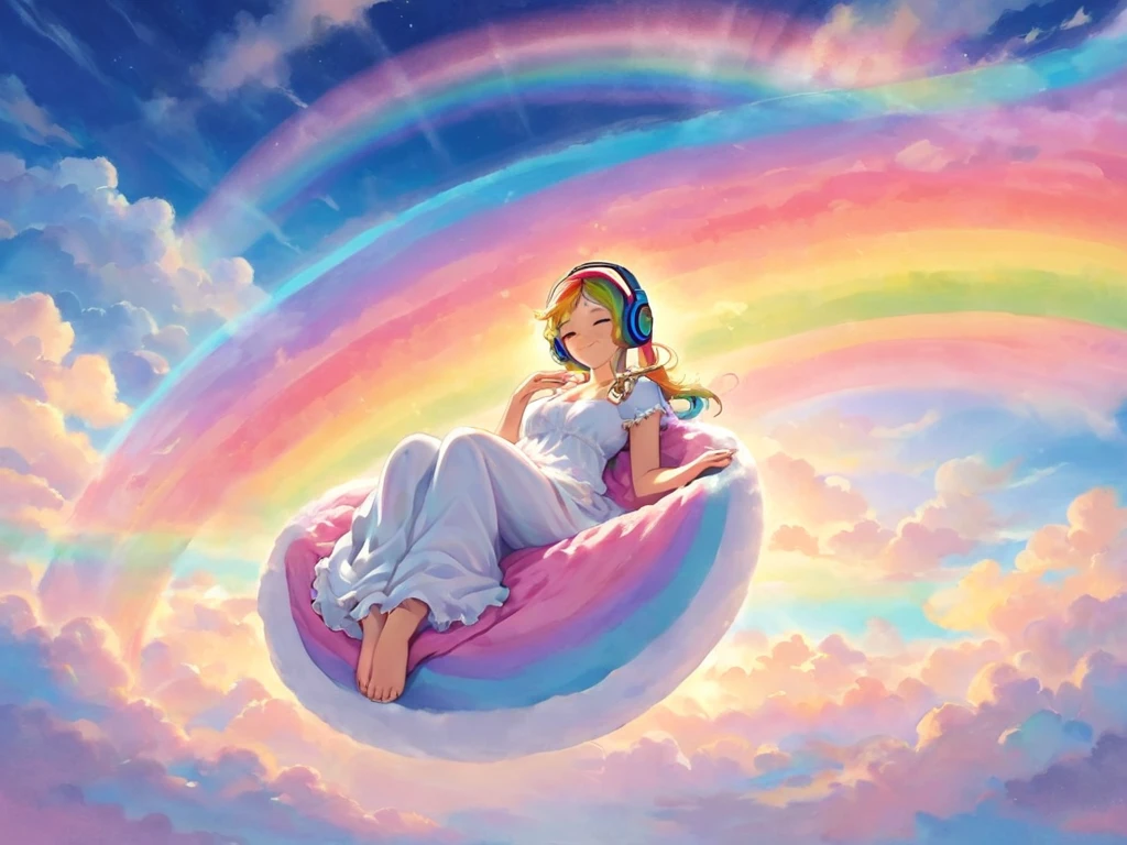 A stunning nude woman, wearing headphones, composed of a dazzling array of rainbow hues, laying gracefully at the end of a radiant rainbow amidst the fluffy clouds in the night sky overlooking a vibrant cityscape, dynamic and enchanting lighting, accentuates her vibrant, full-bodied form. Fantasy art. Masterpiece