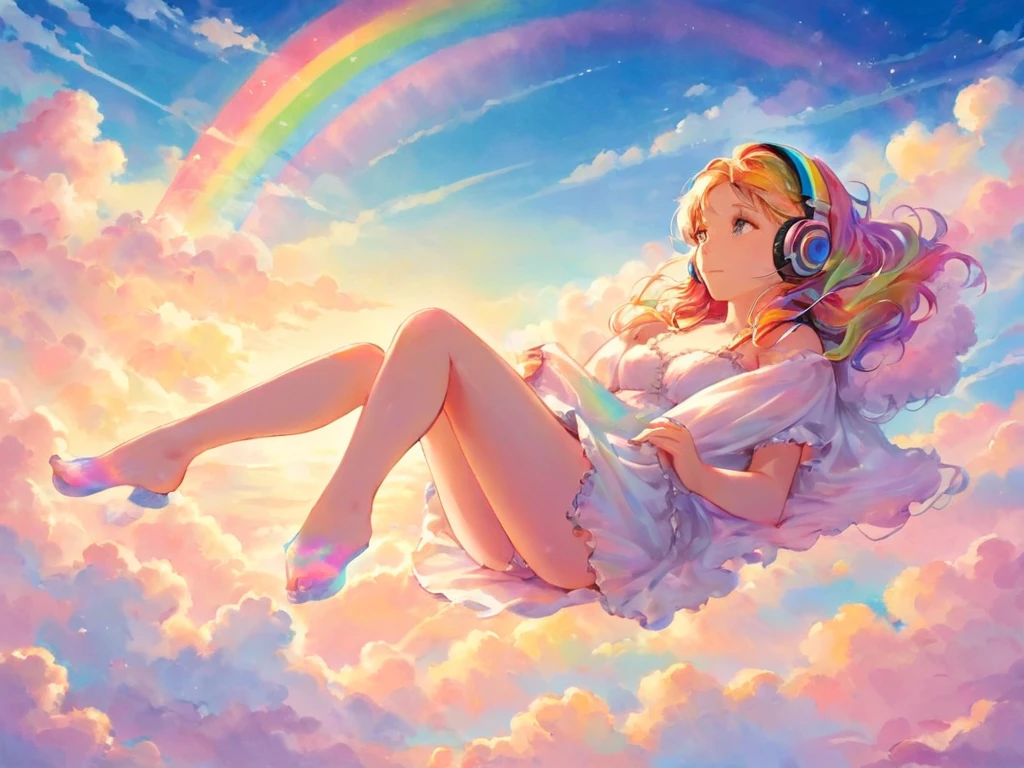 A stunningly ethereal woman, wearing headphones, composed of a dazzling array of rainbow hues, reclines gracefully at the end of a radiant rainbow amidst the fluffy clouds in the sky. Bathed in dynamic and enchanting lighting, accentuates her vibrant, full-bodied form. Fantasy art. Masterpiece 