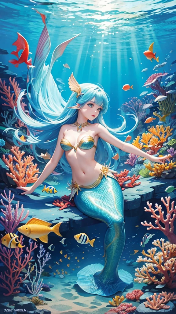 (Masterpiece), Best Quality, Ultra High Resolution, 1girl, Symmetrical Eyes, Part of Lips, (Mermaid), Slim Waist, Medium Breasts, Headgear, Underwater (Ulzzang-6500-V1.1:0.9), One Fishtail