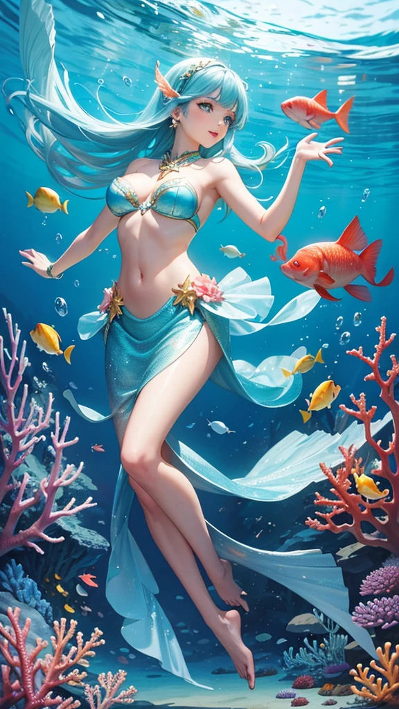 A beautiful gorgeous mermaid under the sea playing with fishes the sea is filled with corals and colourful fishes extremely detailed highest quality 