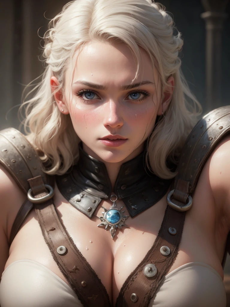 a young viking warrior woman with short white hair, beautiful purple detailed eyes, beautiful detailed lips, extremely detailed face and features, 18 years old, cute face, wearing tight medieval clothing, wet and sweaty, cleavage ,looking brave and heroic, low saturation, (best quality,4k,8k,highres,masterpiece:1.2),ultra-detailed,(realistic,photorealistic,photo-realistic:1.37),portrait,fantasy,dark,cinematic lighting