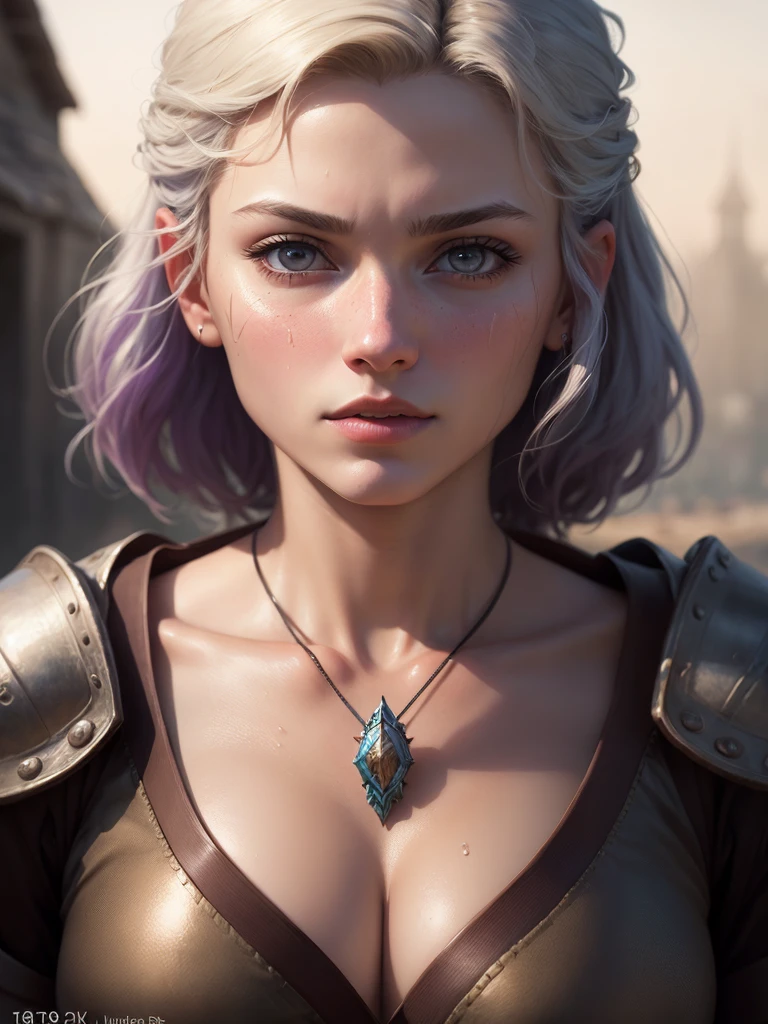 a young viking warrior woman with short white hair, beautiful purple detailed eyes, beautiful detailed lips, extremely detailed face and features, 18 years old, cute face, wearing tight medieval clothing, wet and sweaty, cleavage ,looking brave and heroic, low saturation, (best quality,4k,8k,highres,masterpiece:1.2),ultra-detailed,(realistic,photorealistic,photo-realistic:1.37),portrait,fantasy,dark,cinematic lighting