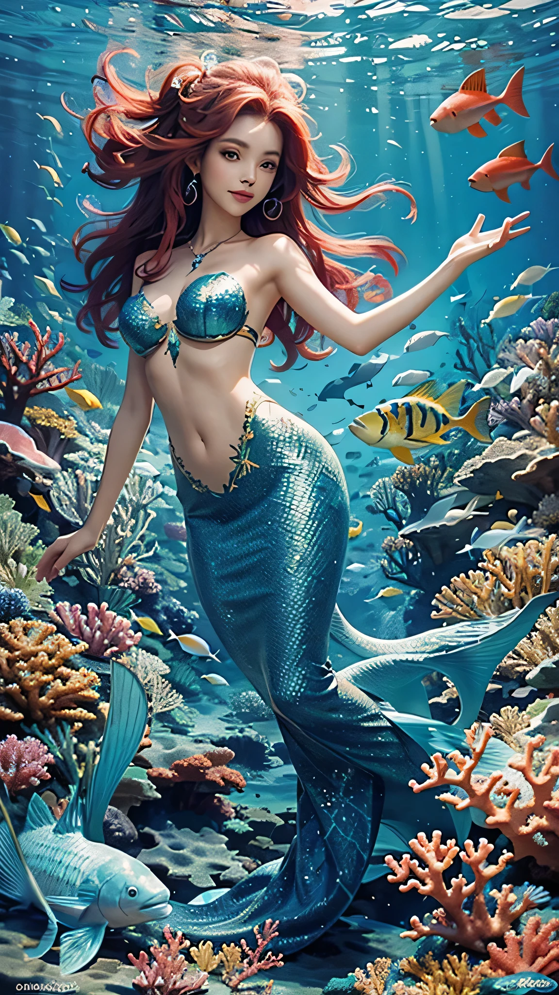 A beautiful gorgeous mermaid under the sea playing with fishes the sea is filled with corals and colourful fishes extremely detailed highest quality 