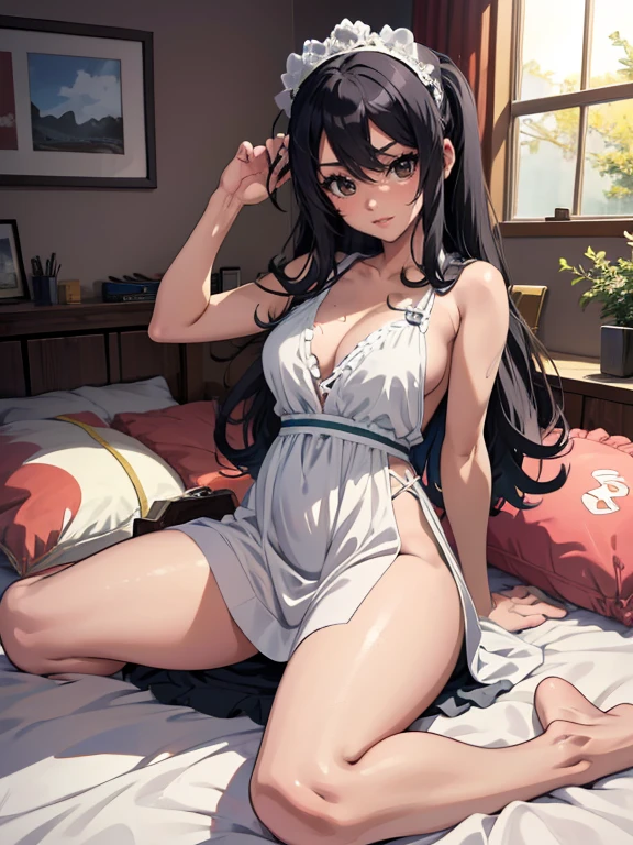 Chica anime vestida de mucama posando en una cama., un dibujo anime de Kamagurka, pixiv, What is?, chica anime seductora, , en vestido, oppai, Pixiv 3DCG, salpicadura de anime lolijor valorados en pixiv, en pixiv, arte cg anime suave, I will also make fanart.