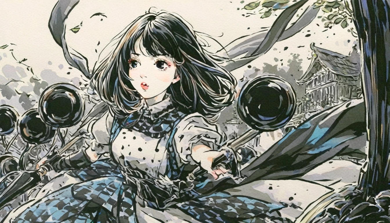 1girl, expressive black eyes, black hair, black patterned clothes dress ready for the battle, in wonderland, Yamada Akihiroi style, Ink Dyeing style