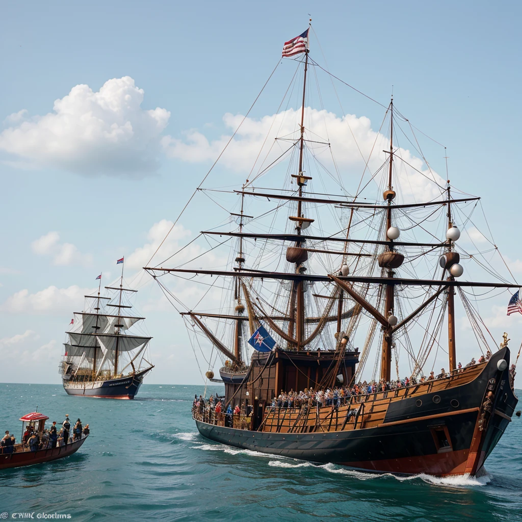 The Santa Maria, along with the Nina and the Pinta, departing from the port of Palos on August 3, 1492, with sailors waving goodbye. christoph colomb