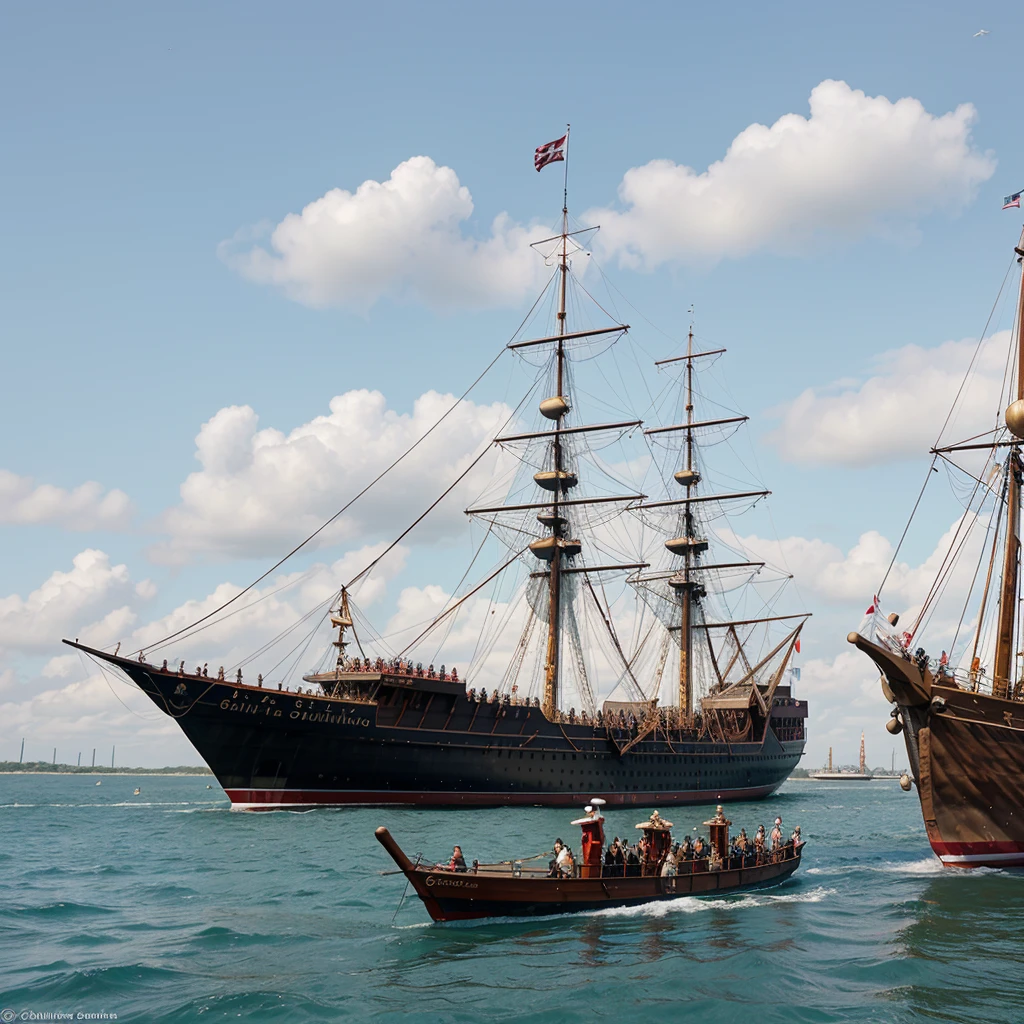 The Santa Maria, along with the Nina and the Pinta, departing from the port of Palos on August 3, 1492, with sailors waving goodbye. christoph colomb