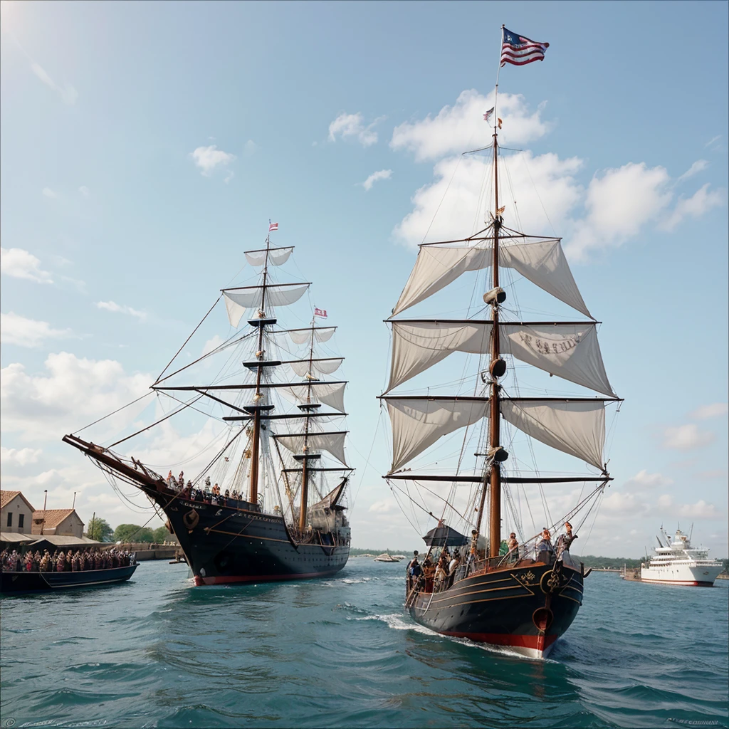 The Santa Maria, along with the Nina and the Pinta, departing from the port of Palos on August 3, 1492, with sailors waving goodbye. christoph colomb