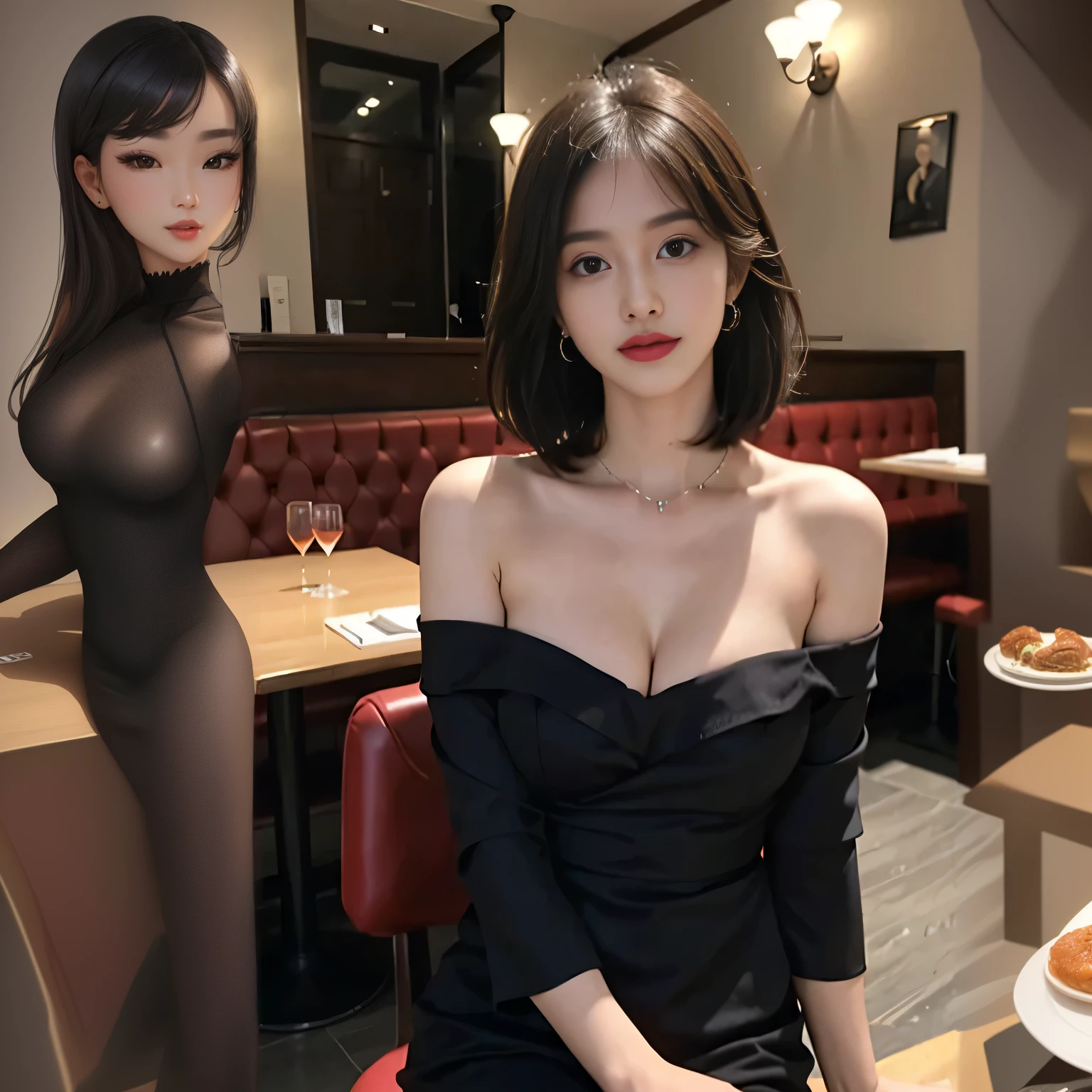 woman sitting at a table with a plate of food and wine, sexy dress, low cut dress, wearing black dress, gorgeous young korean woman, korean girl, beautiful south korean woman, wearing a tight black dress, wearing a black dress, stunning elegant pose, wearing an elegant dress, cute elegant pose, she is wearing a black dress, beautiful young korean woman, korean woman