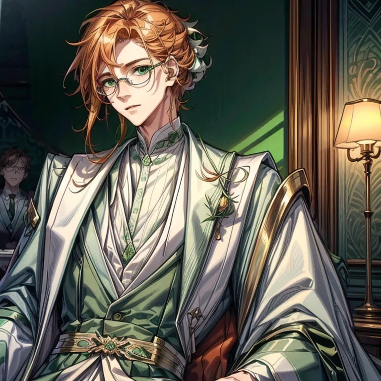 A tall male with long very light orange curly hair, green eyes and glasses and a kind facial expression .White and pastel light green , luscious silk outfit with jewerly incorporated. Different positions.Detailed art.Dynamic lighting.HDR.Masterpiece