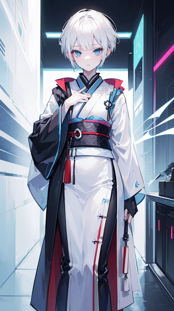 masterpiece, portrait, girl, androgynous, cyberpunk style kimono, white hair, natural short cut, bobbed hair, light blue eyes, white skin, transparent pigmentation, short stature, young appearance, ghost, highest quality