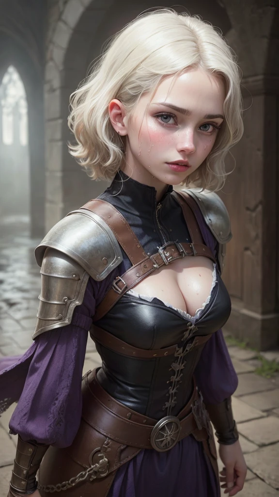 a young viking warrior woman with short white hair, beautiful purple detailed eyes, beautiful detailed lips, extremely detailed face and features, 18 years old, cute face, wearing tight medieval clothing, wet and sweaty, cleavage ,looking brave and heroic, low saturation, (best quality,4k,8k,highres,masterpiece:1.2),ultra-detailed,(realistic,photorealistic,photo-realistic:1.37),portrait,fantasy,dark,cinematic lighting