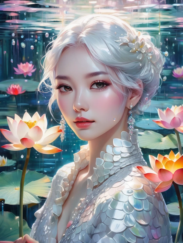 a women, white crocodile, lake, lotus, Colorful colors, surrounded by water bubbles, in the style of Kawacy, Masterpiece, Oil painting drawn in anime style, head close - up, exaggerated perspective, Tyndall effect, water drops, mother - of - pearl iridescence, Holographic white,