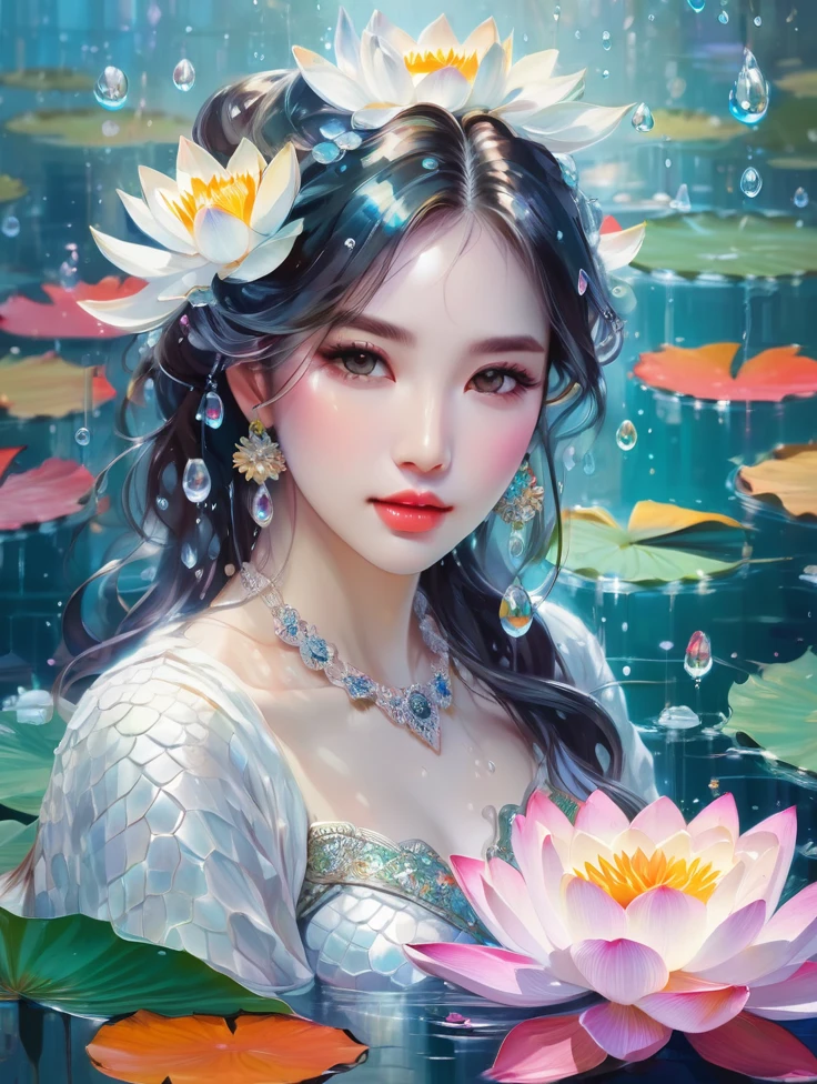 a women, white crocodile, lake, lotus, Colorful colors, surrounded by water bubbles, in the style of Kawacy, Masterpiece, Oil painting drawn in anime style, head close - up, exaggerated perspective, Tyndall effect, water drops, mother - of - pearl iridescence, Holographic white,