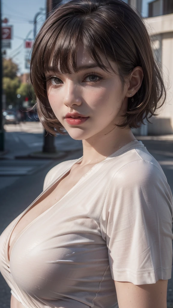 T-Shirts, coat, , (Realistic:1.4), (highest quality:1.4), (Ultra-high resolution:1.4), 8k, RAW Photos, (masterpiece:0.2), , Did G, One girl, Detailed skin,((Upper Body)), View Viewer, Brown eyes, (Short hair with bangs:1.2), (Large areola:0.8),