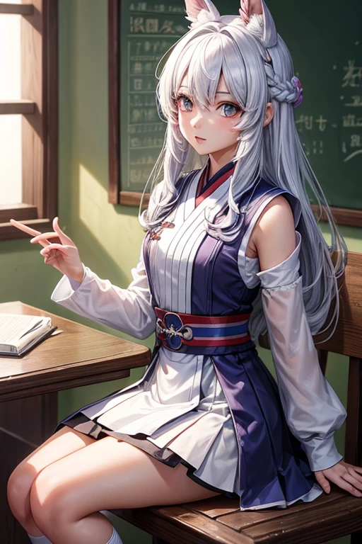 keqing ,impacto genshin,chica anime,solo en la escuela,dia morado,pelo largo, Vestido blanco, Hermoso, Super realistic, Alta calidad