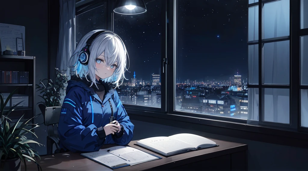 Neonlichter auf der Fensterbank leuchten nachts、Woman living alone studying at desk on left side wearing headphones。In der Ecke des Zimmers, The landscape is enveloped in the silence of the late night.、The beauty of the universe, die sich jenseits der Fensterscheibe ausbreitet, breitet sich vor Ihren Augen aus.。There was no one but her、Neonlichter erhellen den Raum fantastisch。Die Farbe ist blau, warm, Cool, nostalgisch, Regen
