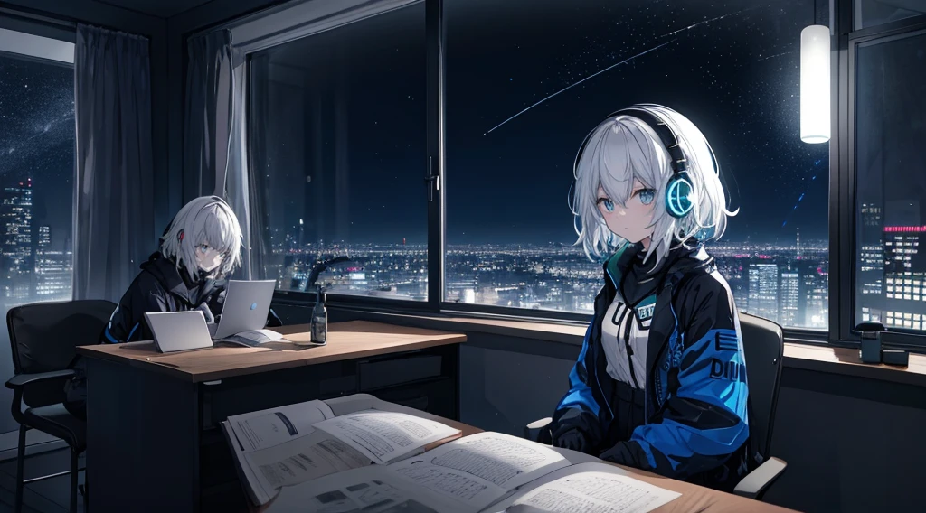 Neonlichter auf der Fensterbank leuchten nachts、Woman living alone studying at desk on left side wearing headphones。In der Ecke des Zimmers, The landscape is enveloped in the silence of the late night.、The beauty of the universe, die sich jenseits der Fensterscheibe ausbreitet, breitet sich vor Ihren Augen aus.。There was no one but her、Neonlichter erhellen den Raum fantastisch。Die Farbe ist blau, warm, Cool, nostalgisch, Regen