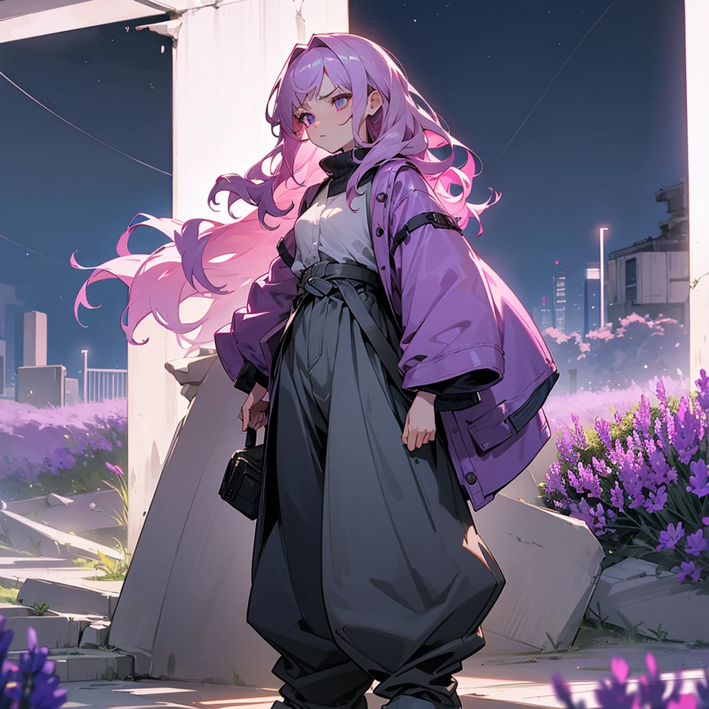 1female, adult, finely detailed lavander eyes, wavy medium hair, pale magenta hair, jacket, baggy pants, standing on ruined building, night time, serious expression