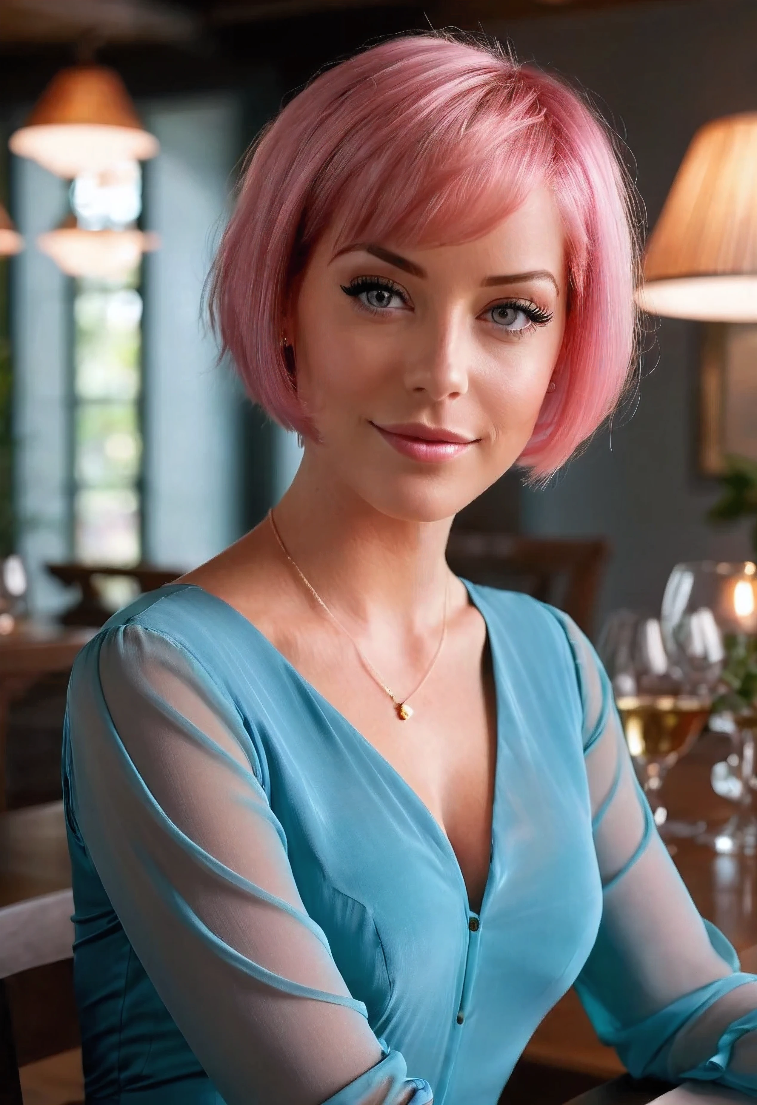 Create a realistic 8K image of Laurence Bedard, the model, with short pink hair, she has blue eyes, dressed in formal attire. She is seated at a dining table indoors, illuminated by subtle indoor lighting. Laurence is depicted with a calm expression, smiling gently and looking away from the viewer, evoking a serene and relaxed atmosphere.