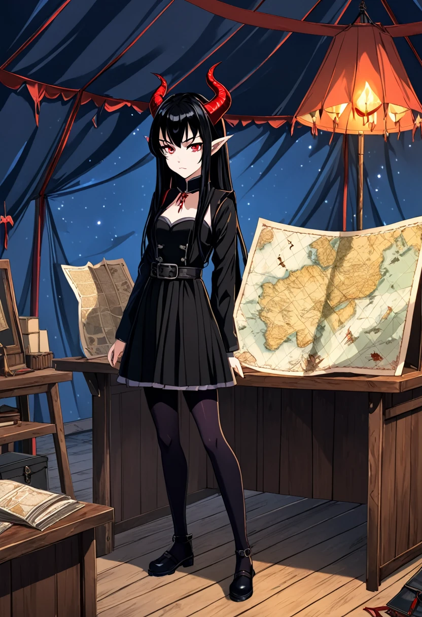 2D anime picture, (anime style 1), girl, 16 years old, sadistic, demoness, small demoness horns, beautiful long black hairstyle, in sexy demon general clothes, stand in big tent in military camp near desk with map, fantasy, Middle Ages, night