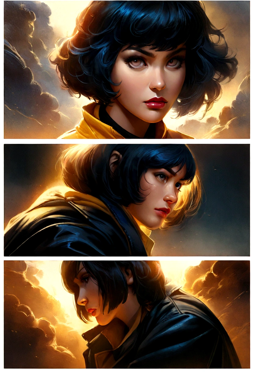 a middle-aged woman with short hair, martial artist, in the style of Chris Claremont, (comic book), X-men, contemporary, comic book art, realistic, detailed portrait, striking pose, intense expression, intricate costume design, dramatic lighting, moody atmosphere, vibrant colors, cinematic composition