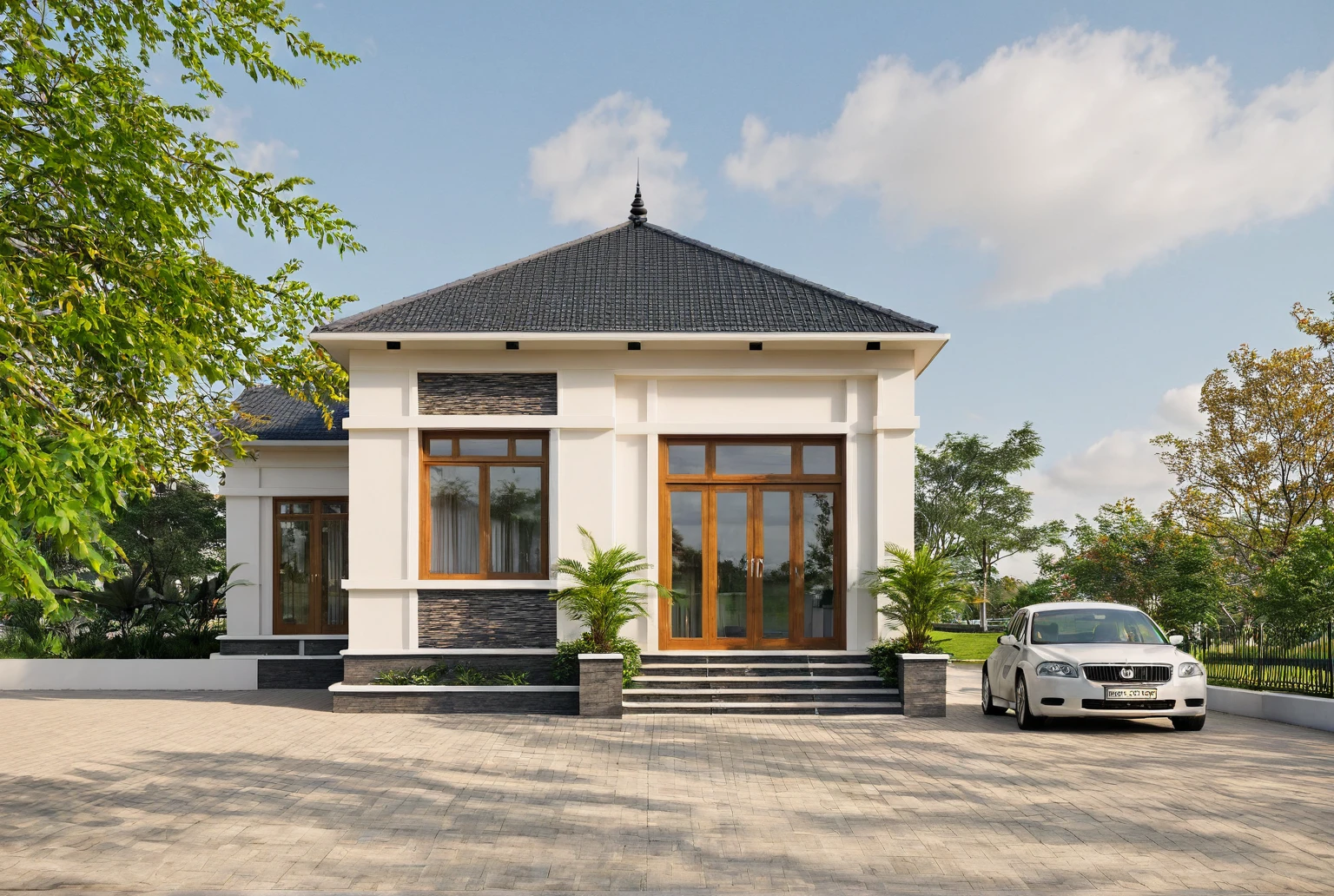 Raw photo,Masterpiece, high quality, best quality, authentic, super detail,
exterior, outdoors, house, Nhamaithai, aiaigroup on the tropical garden, minimalist line,onestoreyvilla, modern style
brick yard,grass,tropical trees, sky, (day:1.1),Tropical garden background