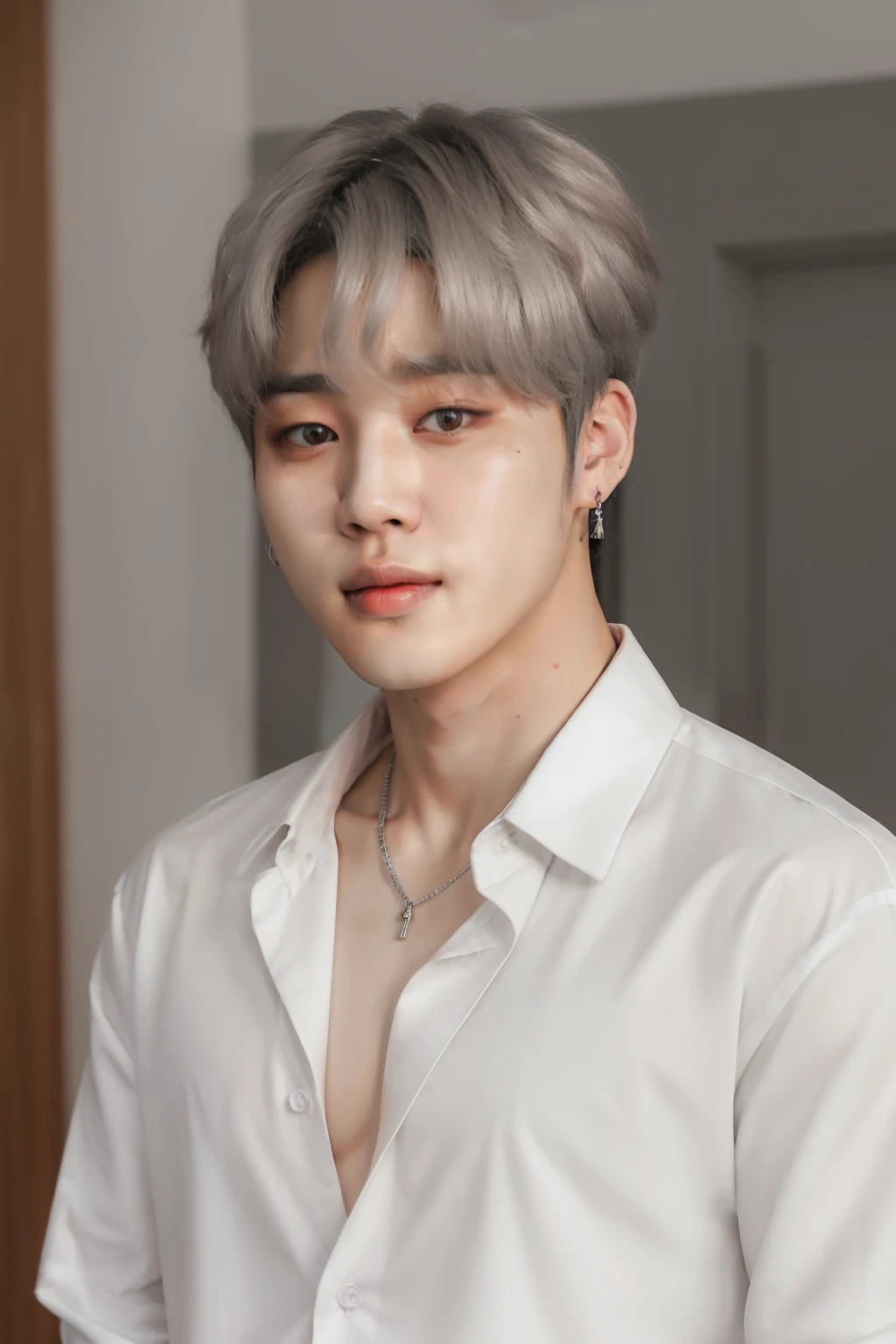 btsjimin, white open shirt, warm lighting, portrait, silver hair