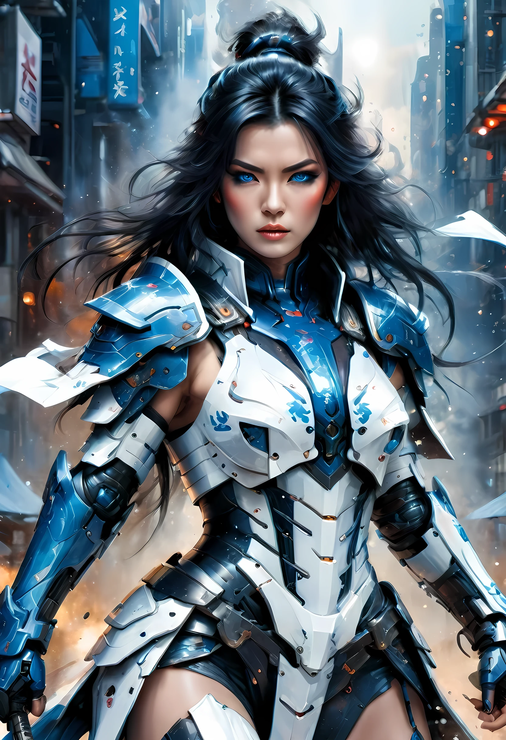 Japanese water color art picture of a mecha samurai woman in cyberpunk city, a mecha samurai woman, exquisite beautiful woman, black hair, long hair, (blue eyes: 1.3), she stands ready to battle, wearing (white mecha armor: 1.3), high heeled boots, she is armed with a Japanes sword, Japanese Cyberpunk city at night, background, (Masterpiece: 1.5), 16k, highres, best quality, high details, ultra detailed, masterpiece, best quality, (extremely detailed), arafed, mecha, drkfntasy