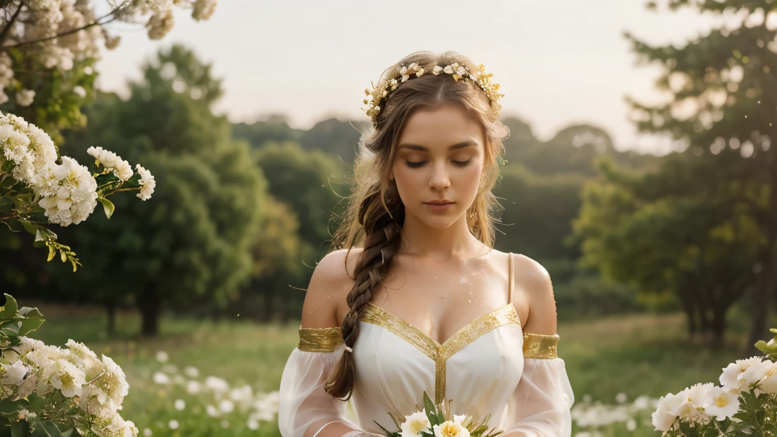 28 years old woman, gold on image, flowers on hair, braid hair, girl on knees view, crown with open petals, white flower, full image, 4k, wet, flowers on background. weeding dress.