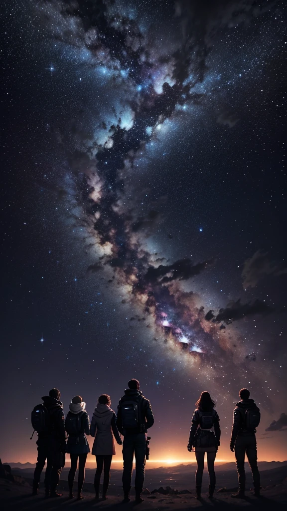 Against a starry backdrop, under the deep expanse of space, A group of individuals in spacesuits stare in awe at a shower of shooting stars.. Their faces illuminated by the glow of the stars and expressions full of wonder as shooting stars traverse the night sky in graceful arcs. The deep darkness of space accentuates their silhouettes, united in contemplation of the mesmerizing display of the shooting stars.