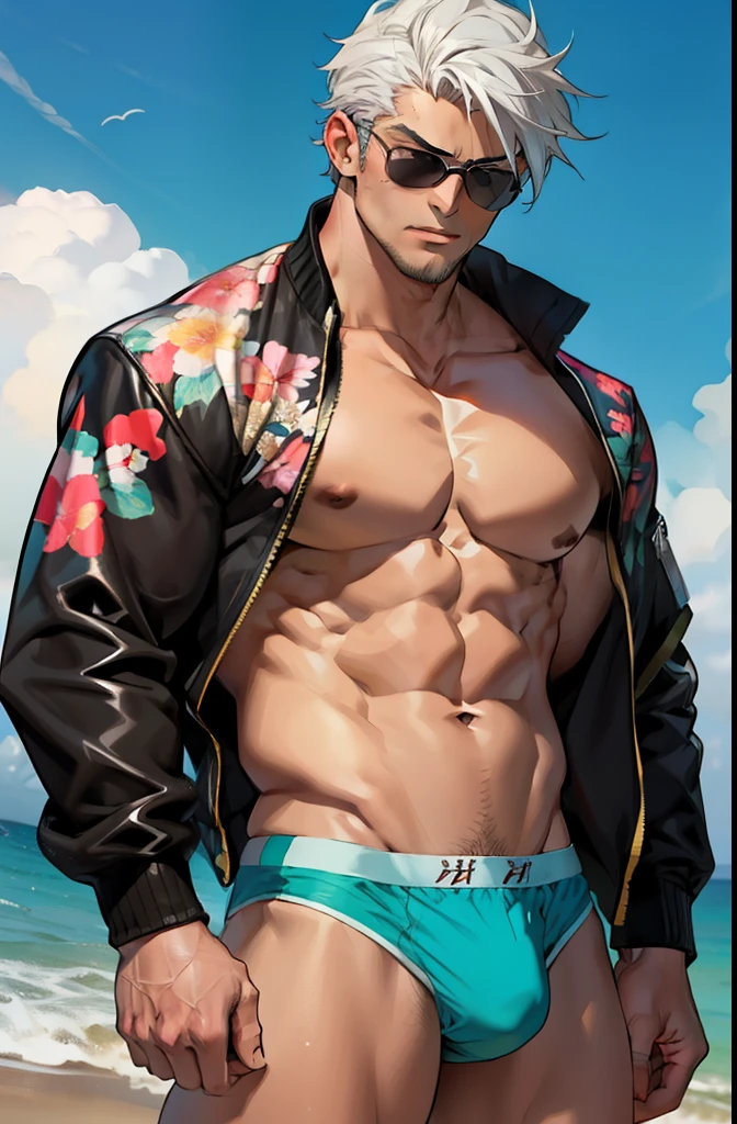 (1 boy,Be a man),Muscular anime guy in the gym, facial expression like masturbation, 1boy, bikini, Tight muscles, Broad shoulders, Handsome and old, Tiny underwear, Sexy, sex, Guy, Gay, Sea, jacket, sunglasses, boy, floral bikini, bright white hair, tight leg muscles,