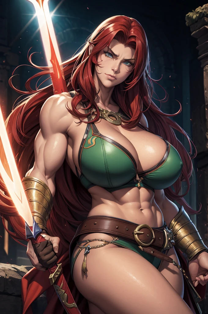 ((One Woman)), ((1girl)), mastepiece, of the highest quality, posterior view, Queen of the Grey Elves, ((huge breasts)), central, Belt bag, Peach Boots, viewer, Face, Portrait, Glowing eyes, Green smoke, Ass, Black background, Raised breasts, Bare skin, facial expression of smile, devil's figure, Docking screen, ((Huge Muscle Girl)), Krautin Gregg Open, Lower body, flexing biceps,Conan-style female barbarian ultra details with sword in hand standing looking at me bloodied in battleum close up de uma mulher com uma espada e um capacete em, Como ilustrado em Top Cow Comics, david finch, zenescope, barbarian woman, Directed by: Mark Brooks, inspirado por Mark Brooks, barbarian warrior woman, Mark Brooks detalhou, very beautiful female barbarian, Adrian Smith Arte de fantasia, uma mulher berserker muito bonita, Marcos Silvestri, arte da capa dos quadrinhos, ((((huge muscles))))Beautiful,(Masterpiece:1.4), (best quality:1.2), kitty cat katarina, 1girl, fur trim, strapless bra, cleavage, scar across eye, whisker markings, red hair, cowboy shot, ((((huge muscles))))
