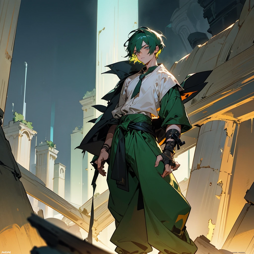 1male, adult, finely detailed onyx eyes, wild short hair, emerald hair, poor clothing, tied around waist, baggy pants, standing on ruined building, night time, somber expression, muscular, goggles, dirty, scars