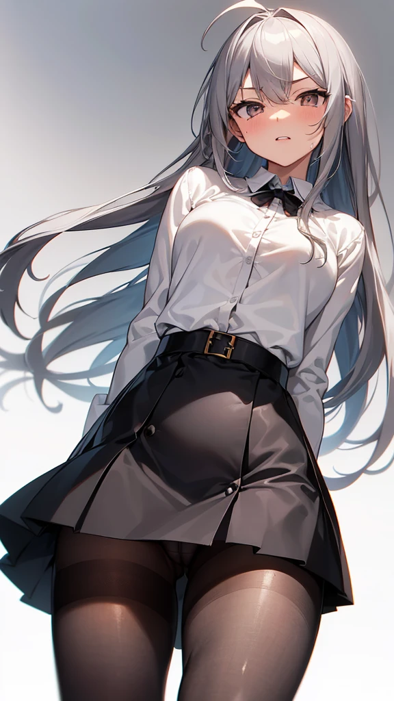 ((masterpiece, Highest quality)), (One girl), (alone), (Focus on women), (Ahoge, Gray Hair, Very long hair), Golden Eyes, A light smile, Open your mouth, ((White shirt), (Buttoned shirt), (Button gap)), ((Black Skirt), (Short skirt)), Are standing, White Background, Put your arms behind your back, Dynamic Angle,,(Sharp Eyes),(Glaring:1.1),Scornful Eyes,(empty eyes)Grit your teeth,Sweat,(Lift up your skirt yourself),pantyshot,(Panties through pantyhose),cameltoe focus,(from below)